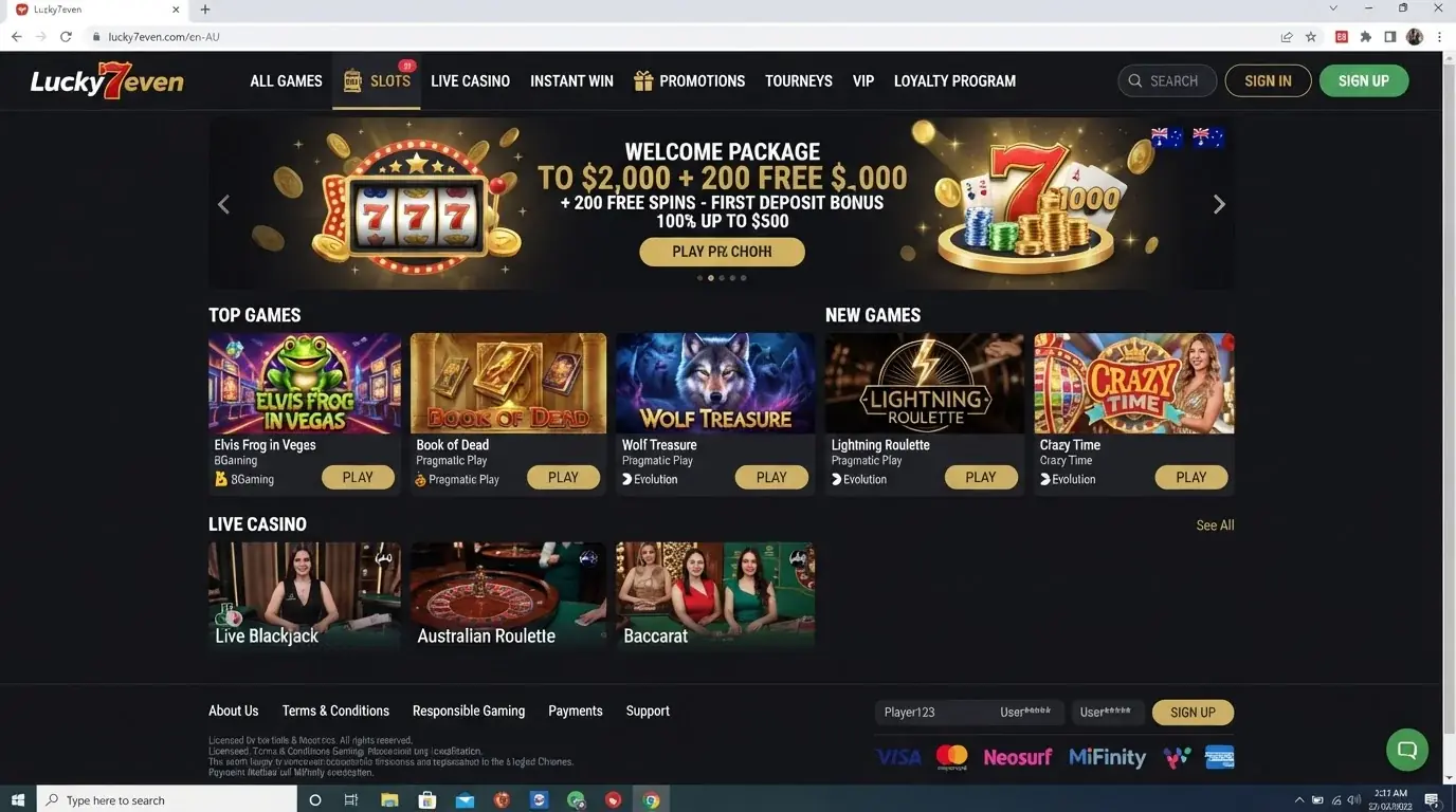 Lucky7even Australia homepage navigation showing casino, pokies and live casino sections